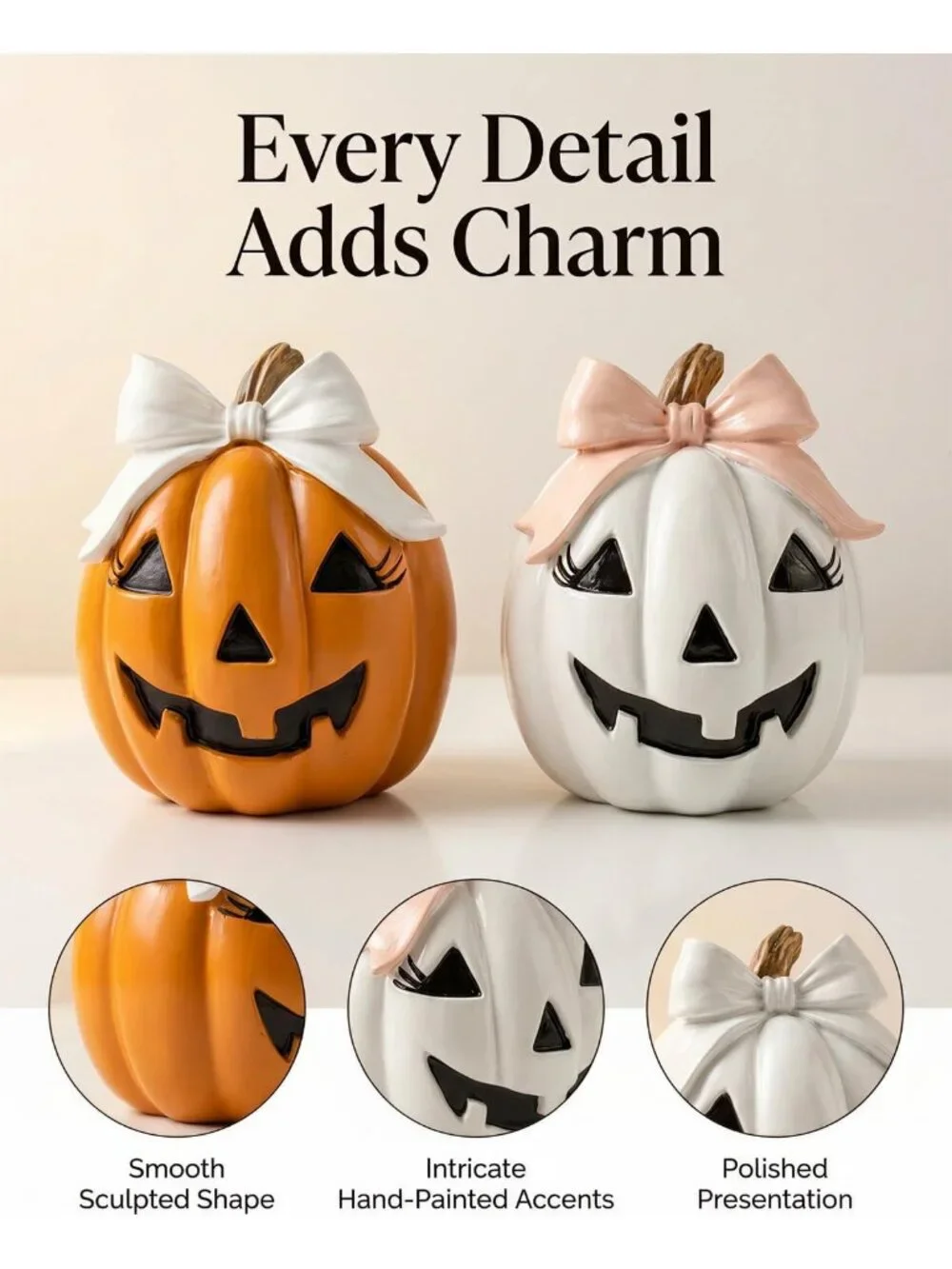 Bowknot Pumpkin Orange White Set 2 Figurines Hand Painted Resin Halloween Décor